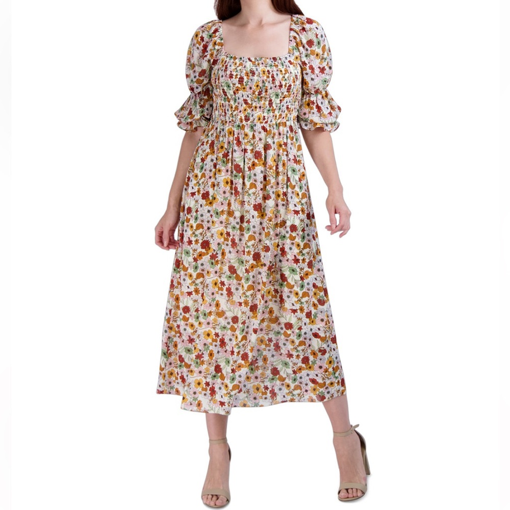 BCBGeneration Floral Sheer Puffy Sleeve Dress Cottagecore Garden Party